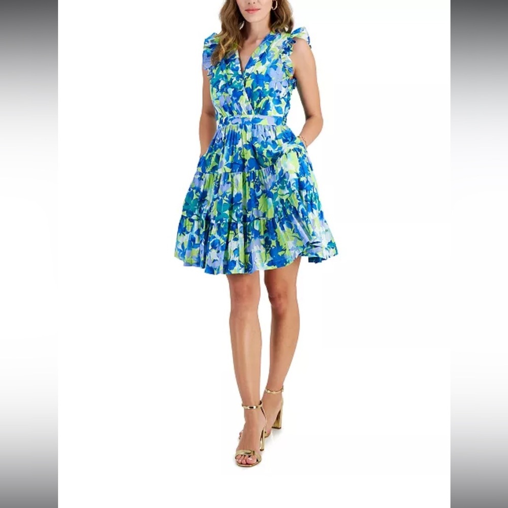 Taylor Blue and Lime Floral Tiered V-Neck Dress